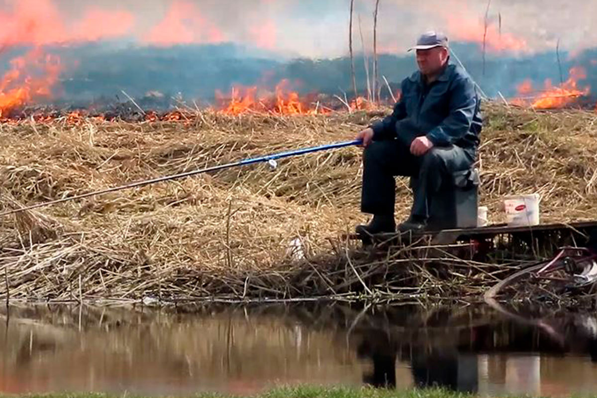 «Всё норм»: в сети обсуждают фото невозмутимого при пожаре рыбака