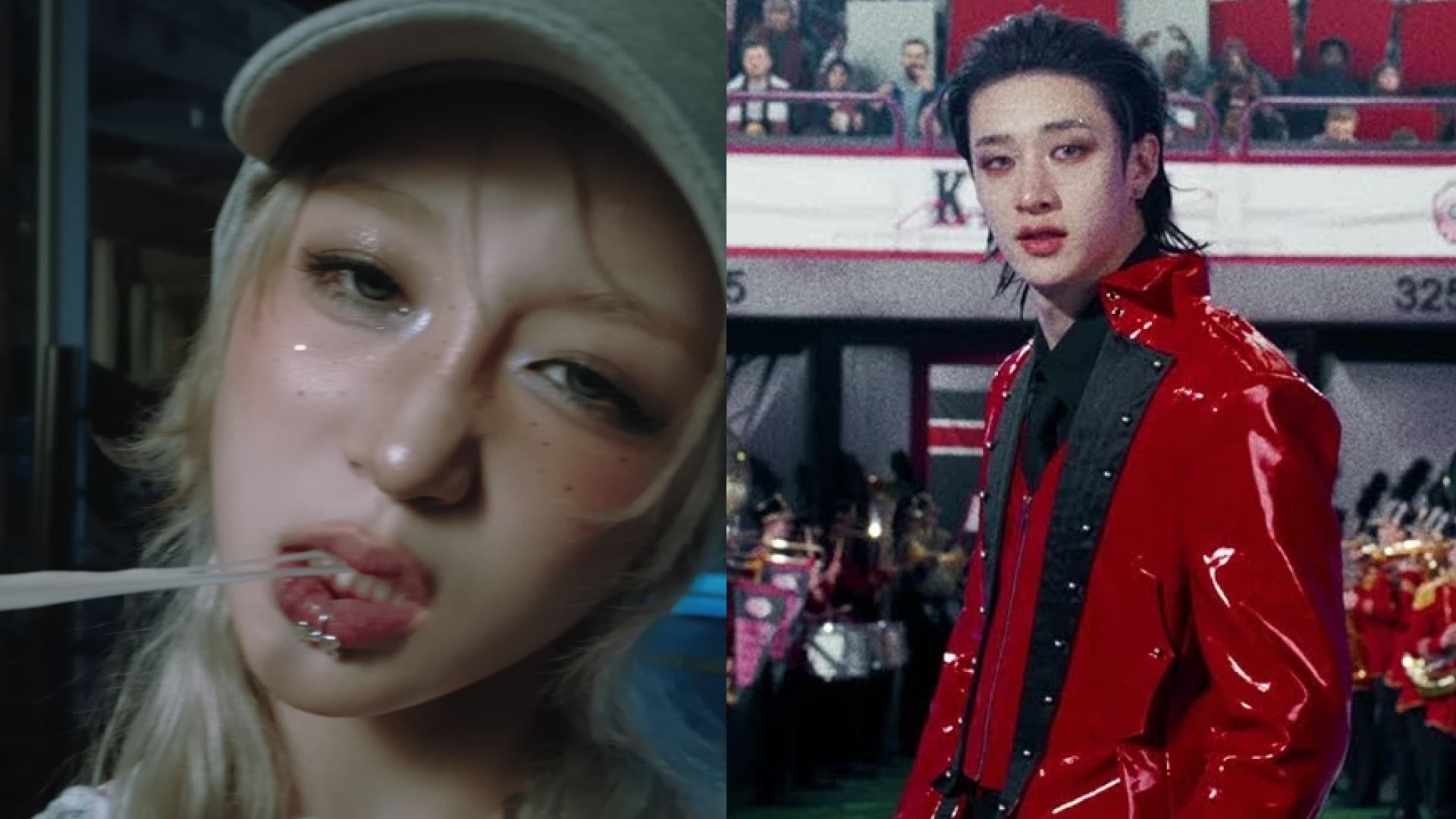 Обложка: кадры из тизеров Kep1er — BUBBLE GUM и Stray Kids — Ceremony