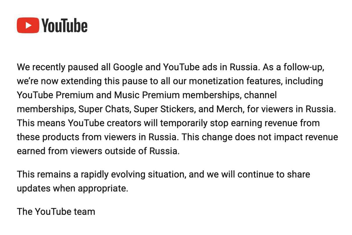 YouTube сообщил о приостановке работы подписки Premium и YouTube Music в России - изображение 1 YouTube сообщил о приостановке работы подписки Premium и YouTube Music в России - фото 1