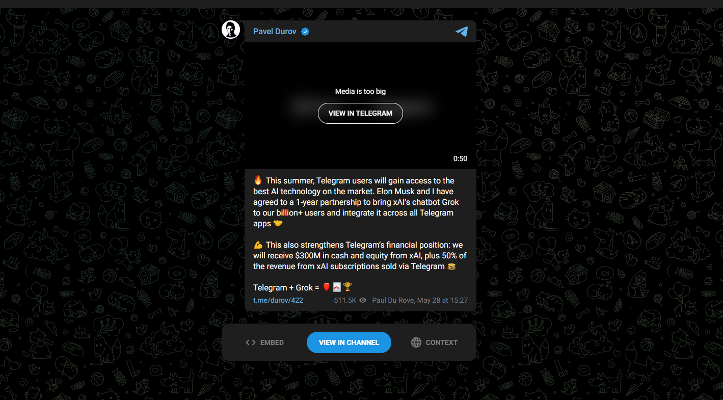 ИИ Илона Маска Grok встроят в мессенджер Telegram уже этим летом - изображение 1 ИИ Илона Маска Grok встроят в мессенджер Telegram уже этим летом - фото 1