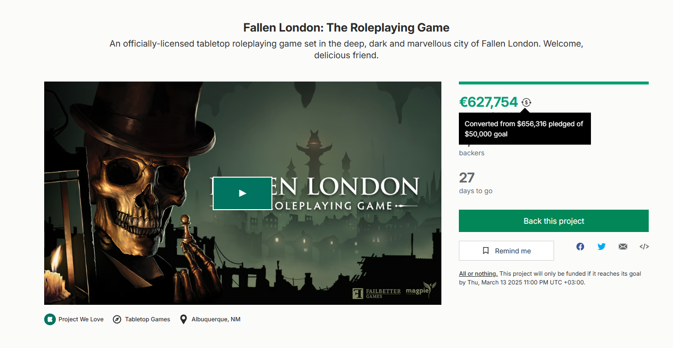 Настолка по Fallen London собрала на Kickstarter более 650 тыс долларов за три дня - изображение 1 Настолка по Fallen London собрала на Kickstarter более 650 тыс долларов за три дня - фото 1