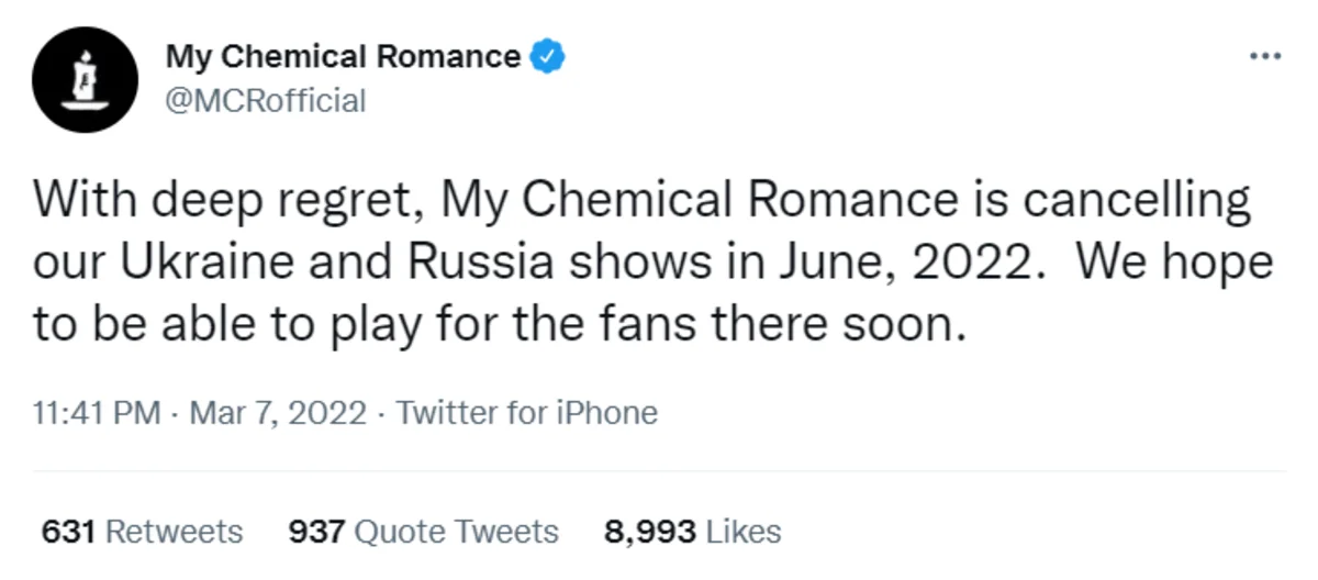 My Chemical Romance отменили ближайшие концерты в России и Украине - фото 1