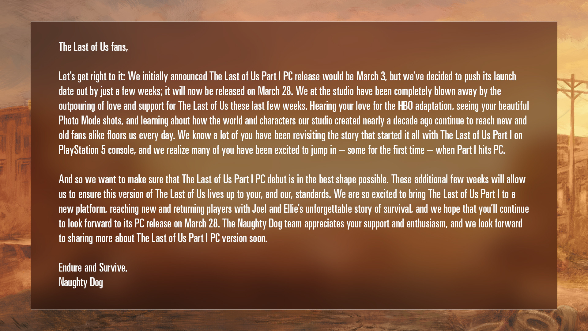 PC-версия The Last of Us: Part I переехала на 28 марта - изображение 1 PC-версия The Last of Us: Part I переехала на 28 марта - фото 1