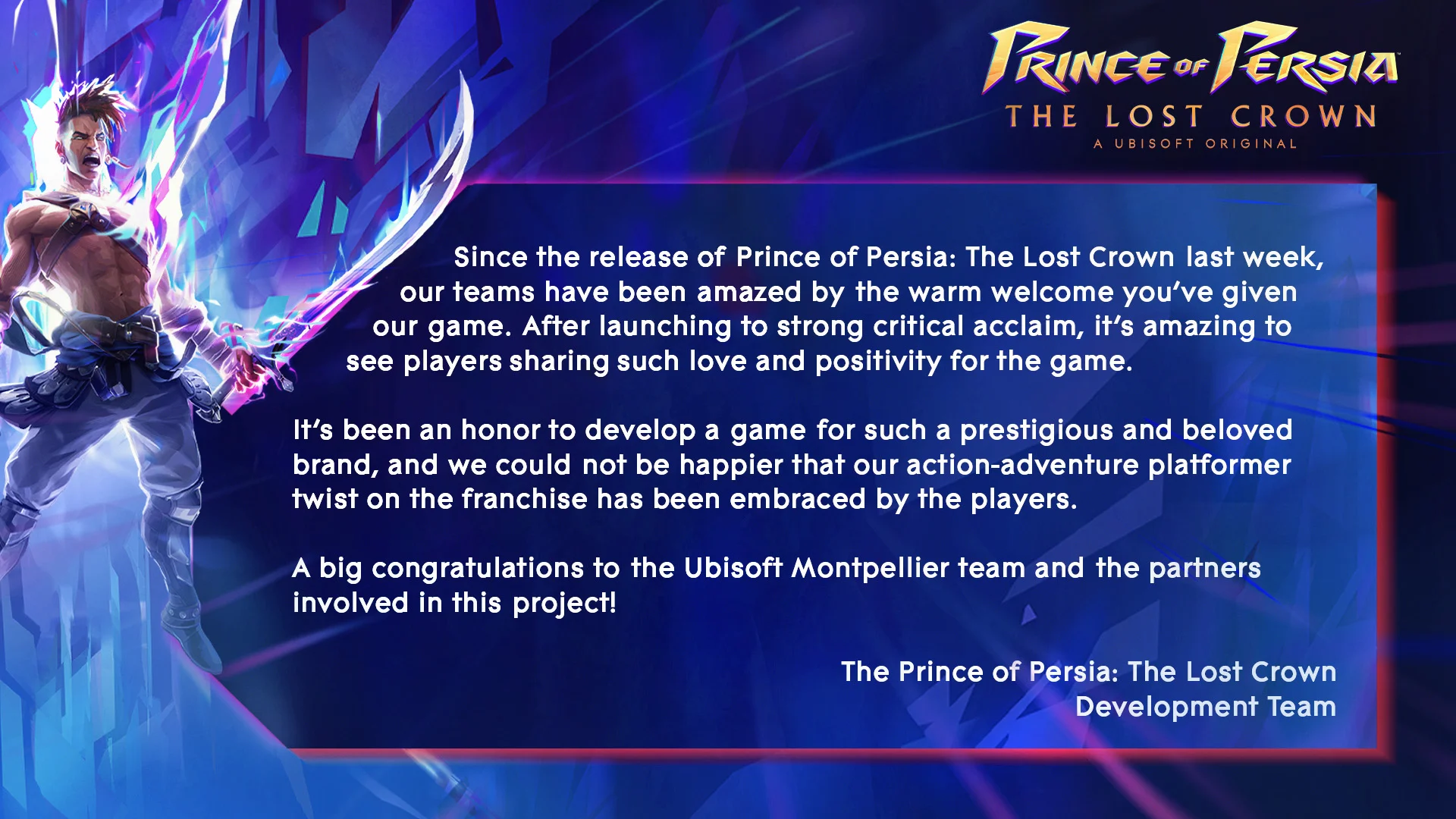 Ubisoft поблагодарила игроков за тёплый приём Prince of Persia: The Lost Crown - фото 1