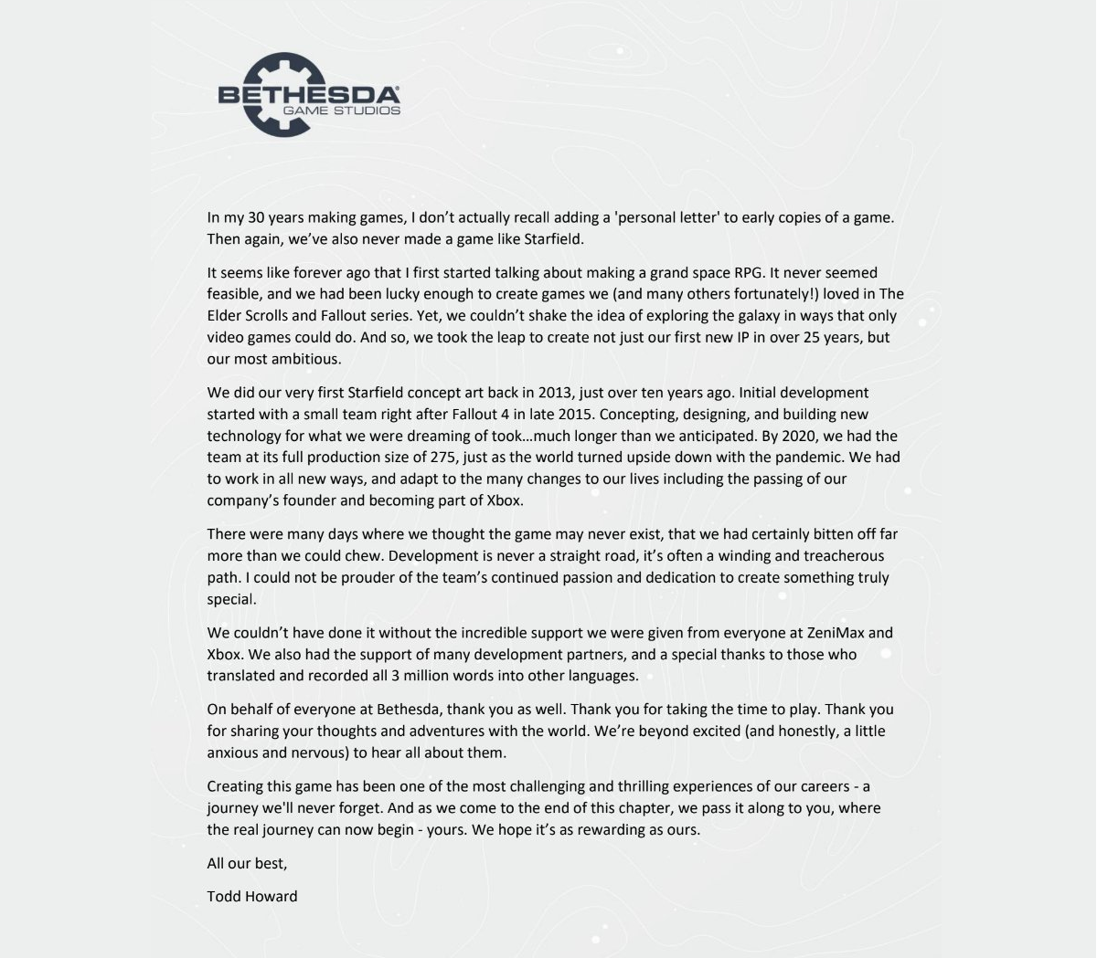 В сеть попало обращение Тодда Говарда к авторам рецензий Starfield - фото 1