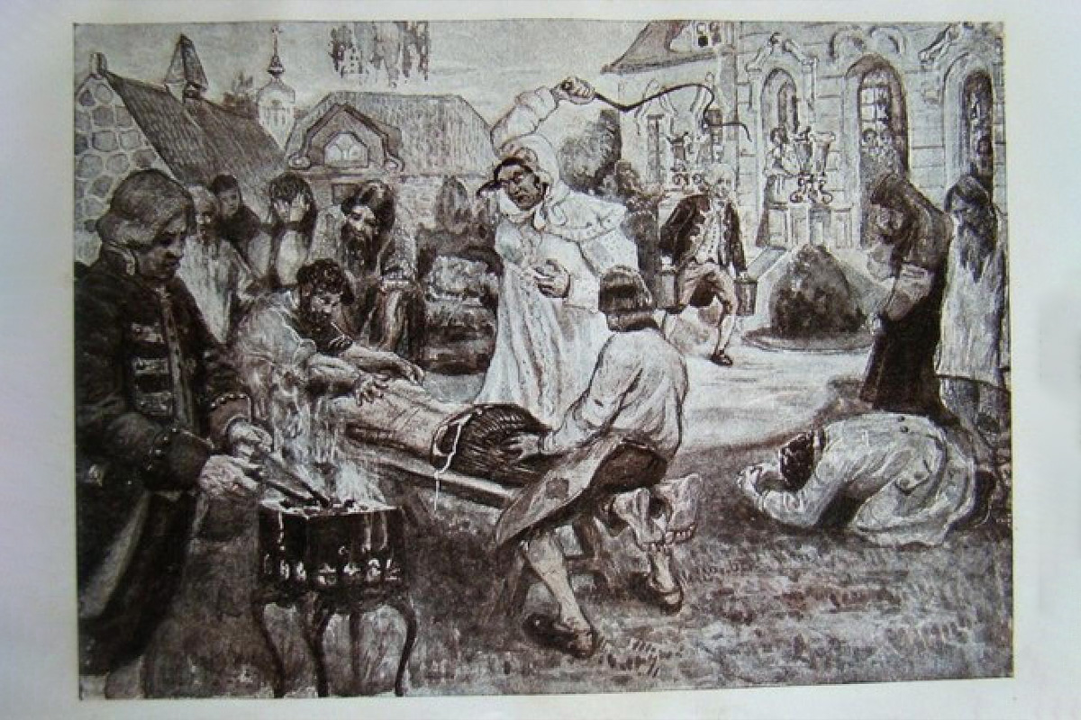 Истязания Салтычихи на иллюстрации В. Н. Курдюмова к энциклопедии «Великая реформа»