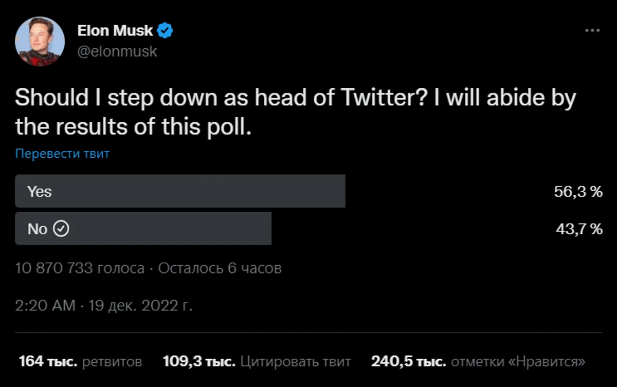 Илон Маск решил опросить пользователей и узнать своё будущее на посту главы Twitter - фото 1