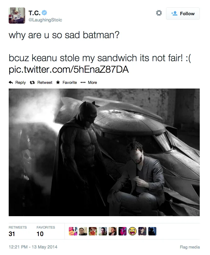 — Почему ты такой грустный, Бэтмен?

— Потому что Киану Ривз украл мой сэндвич, это нечестно!

Фото: LaughingStoic / Twitter