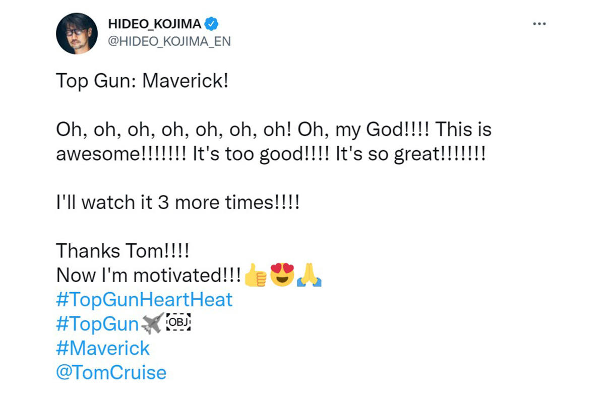 Хидео Кодзима крайне положительно отозвался о фильме «Топ Ган: Мэверик» - фото 1