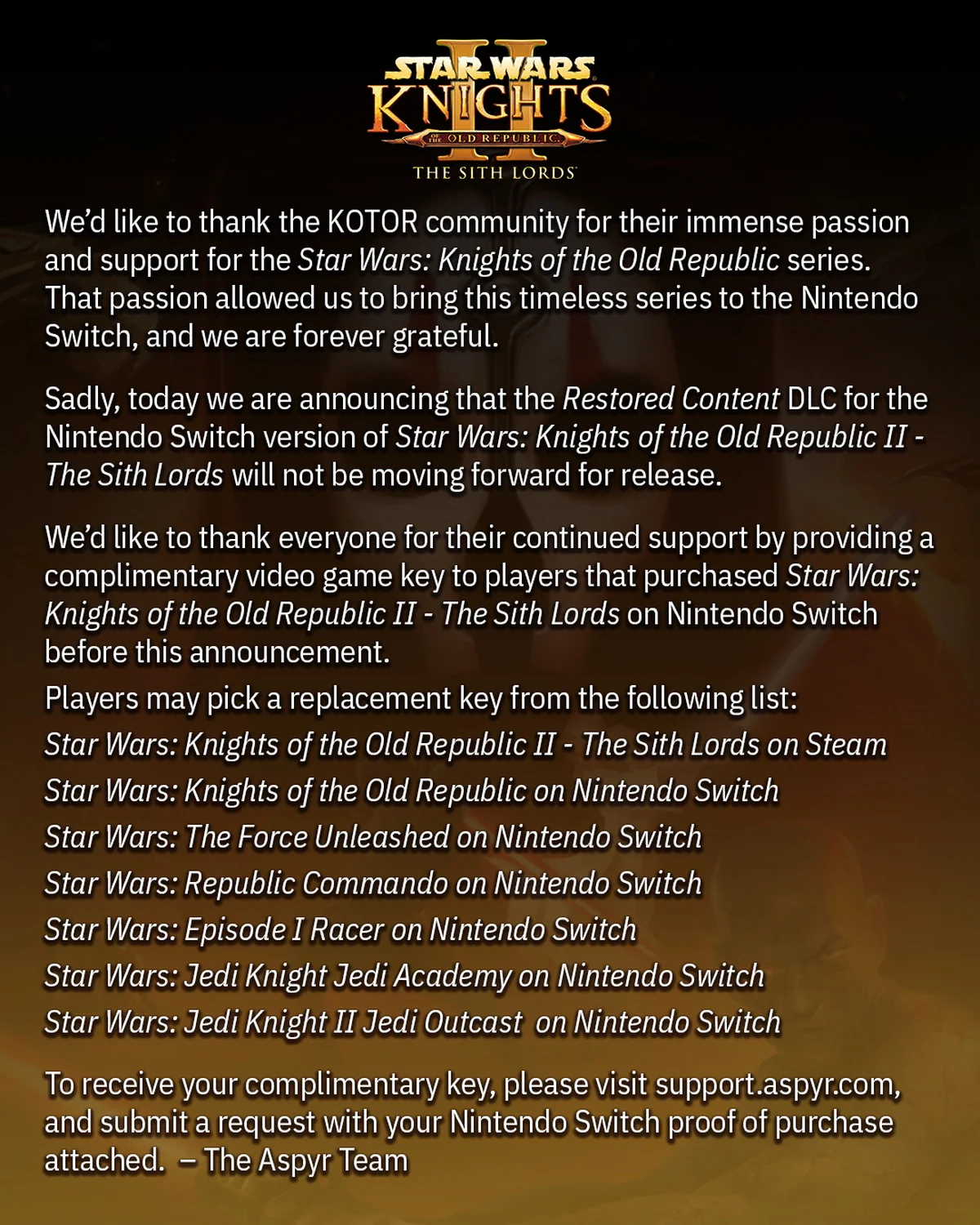 Aspyr отменила восстановленный контент для Star Wars: KOTOR 2 на Nintendo Switch - фото 1