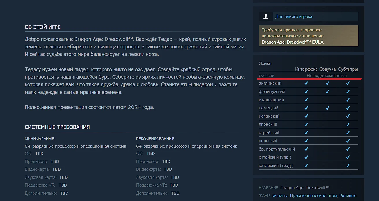 В Dragon Age: Dreadwolf может не оказаться перевода на русский язык - фото 1