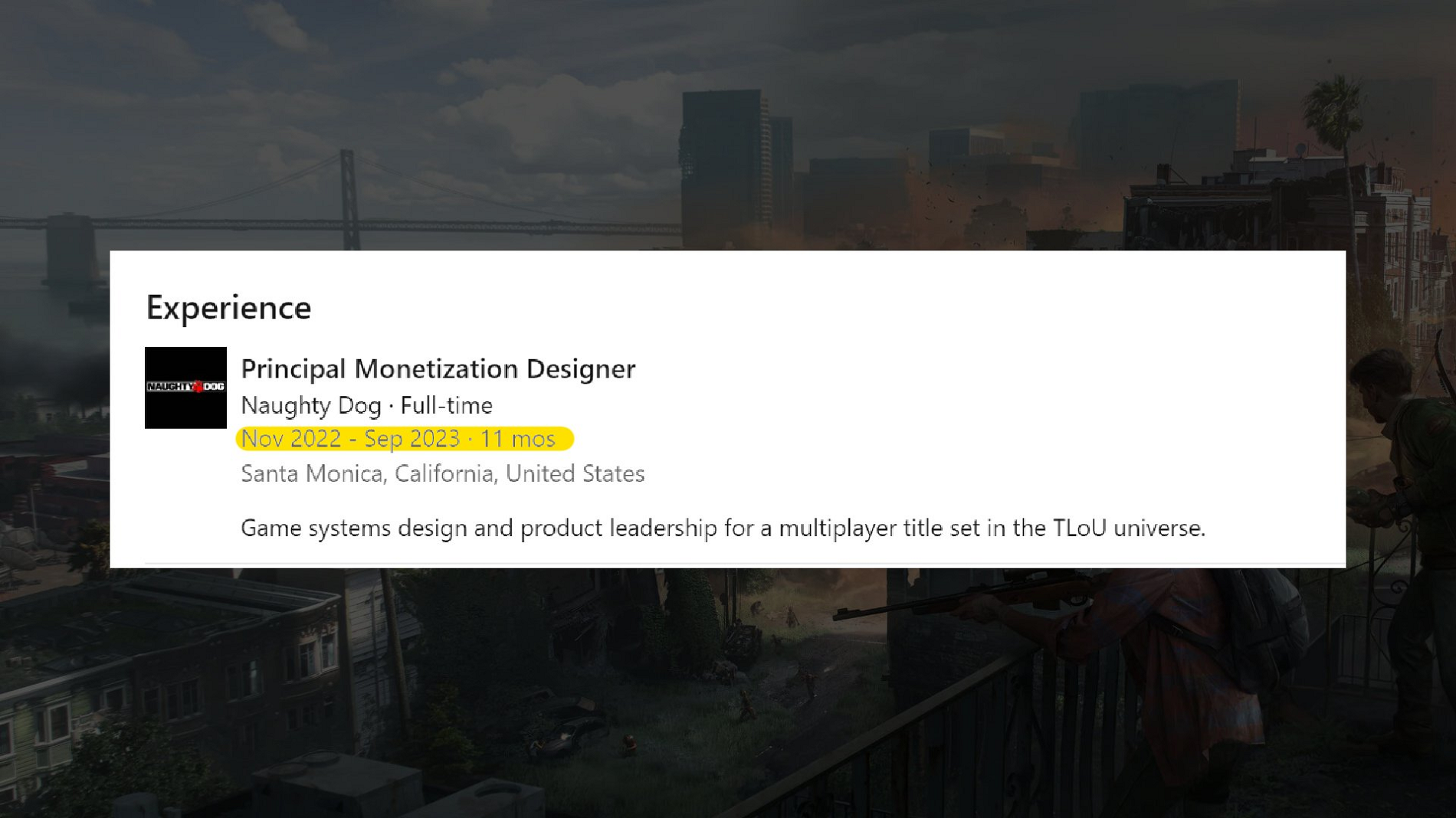 Ведущий дизайнер монетизации мультиплеерной The Last of Us покинул Naughty Dog - изображение 1 Ведущий дизайнер монетизации мультиплеерной The Last of Us покинул Naughty Dog - фото 1