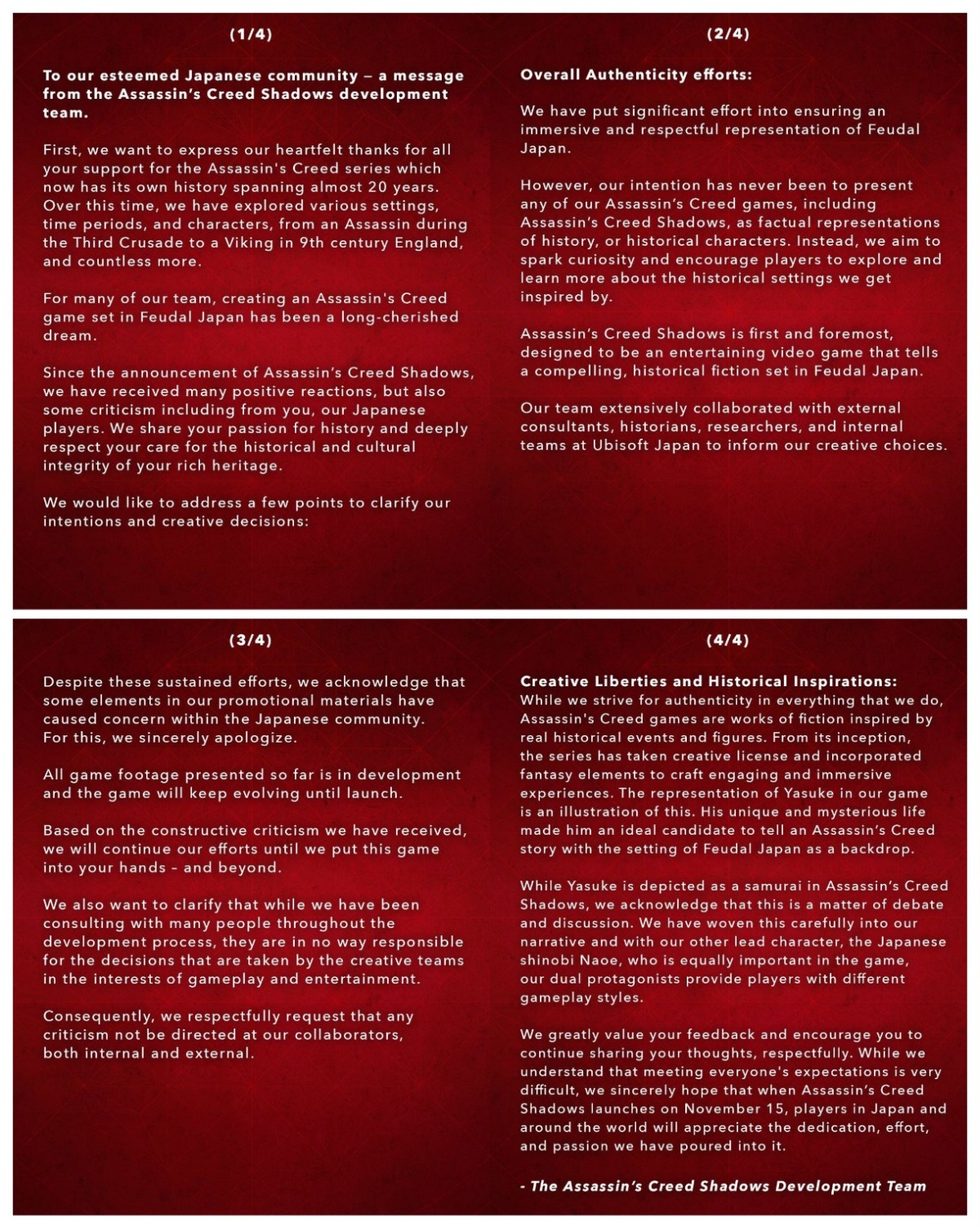Ubisoft извинилась перед фанатами и признала Assassins Creed Shadows исторической выдумкой - изображение 1 Ubisoft извинилась перед фанатами и признала Assassins Creed Shadows исторической выдумкой - фото 1