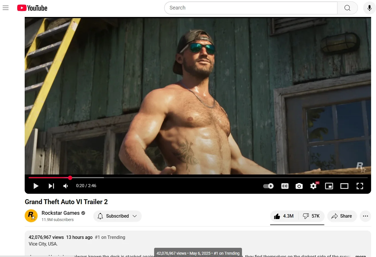 42 млн просмотров, 4 млн лайков и тренды YouTube — как поживает новый трейлер GTA 6 - изображение 1 42 млн просмотров, 4 млн лайков и тренды YouTube — как поживает новый трейлер GTA 6 - фото 1