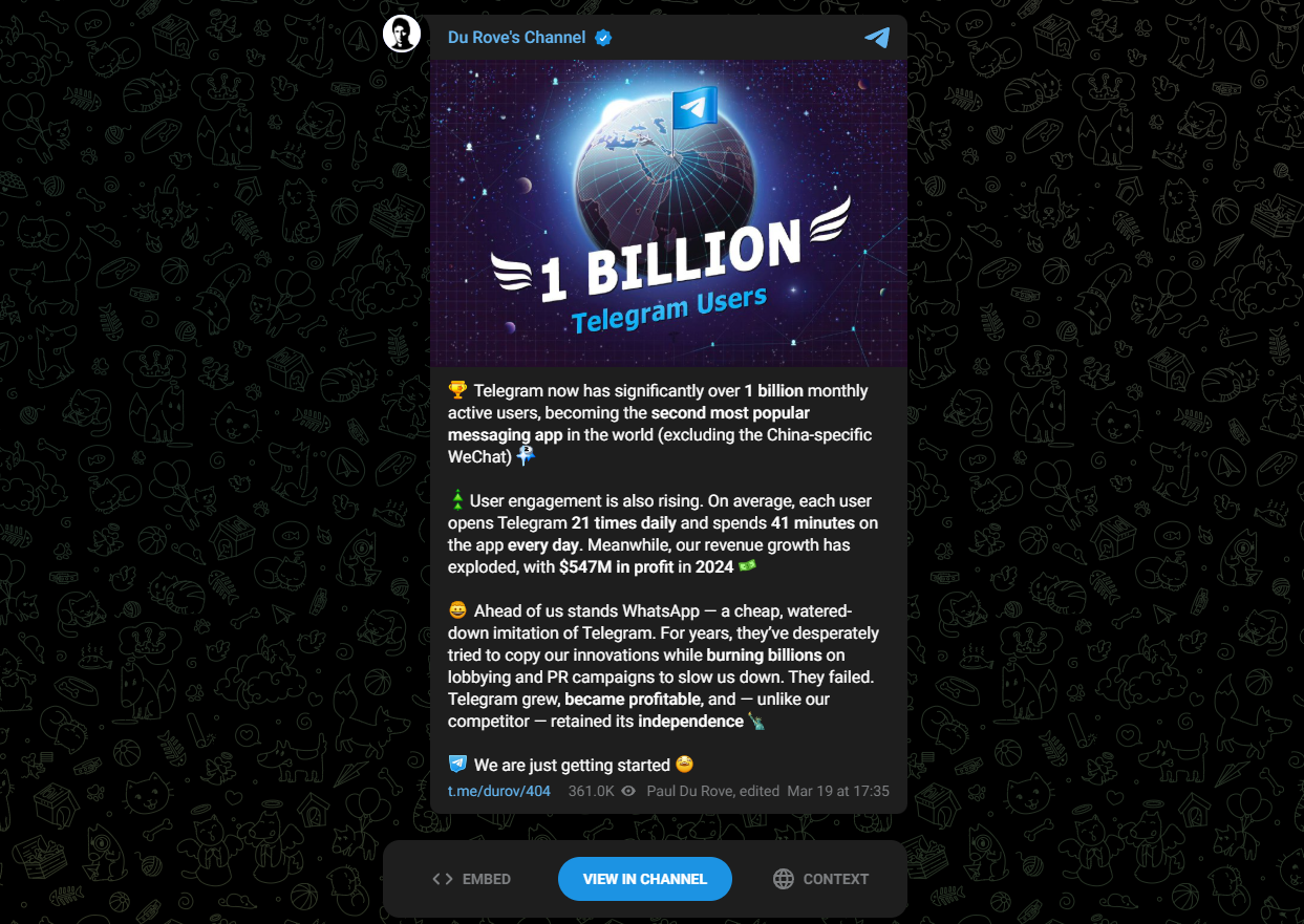 Telegram перевалил за миллиард активных пользователей в месяц - изображение 1 Telegram перевалил за миллиард активных пользователей в месяц - фото 1