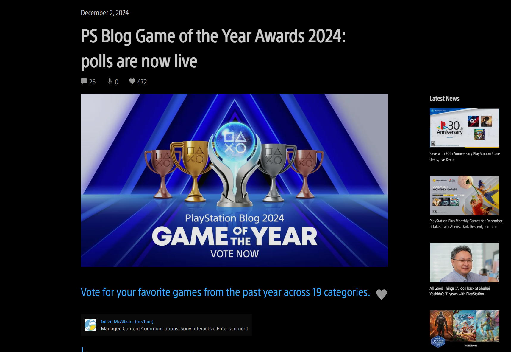 Sony запустила пользовательское голосование за лучшие игры 2024 года - изображение 1 Sony запустила пользовательское голосование за лучшие игры 2024 года - фото 1