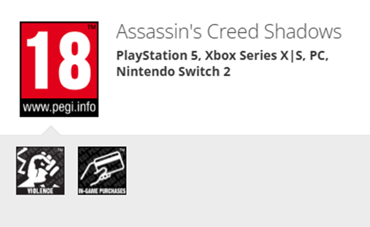 На сайте PEGI заметили упоминание версии Assassinʼs Creed Shadows для Nintendo Switch 2 - фото 1