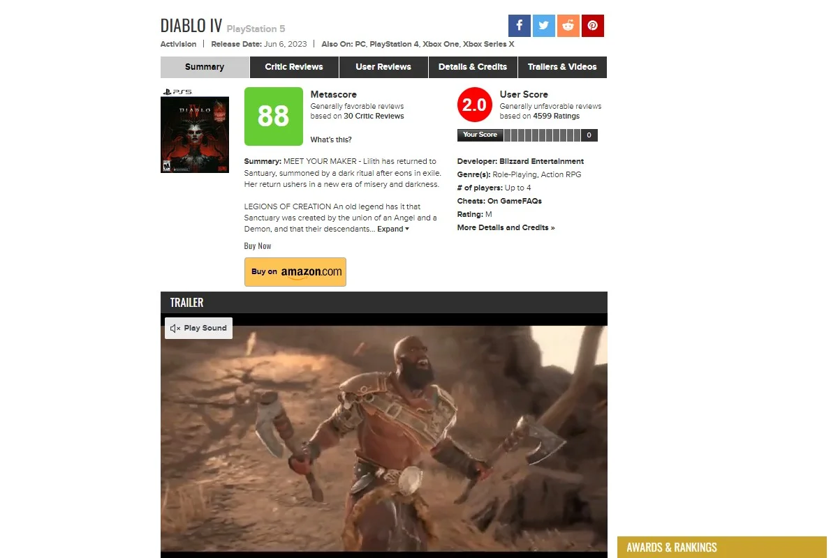 Пользовательский рейтинг Diablo 4 на Metacritic рухнул до 2 баллов из 10 - фото 1