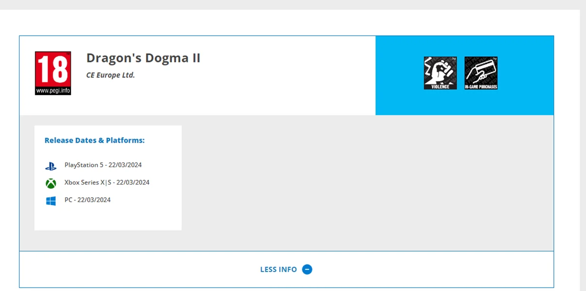 На сайте PEGI появилась возможная дата выхода Dragons Dogma 2 - фото 1