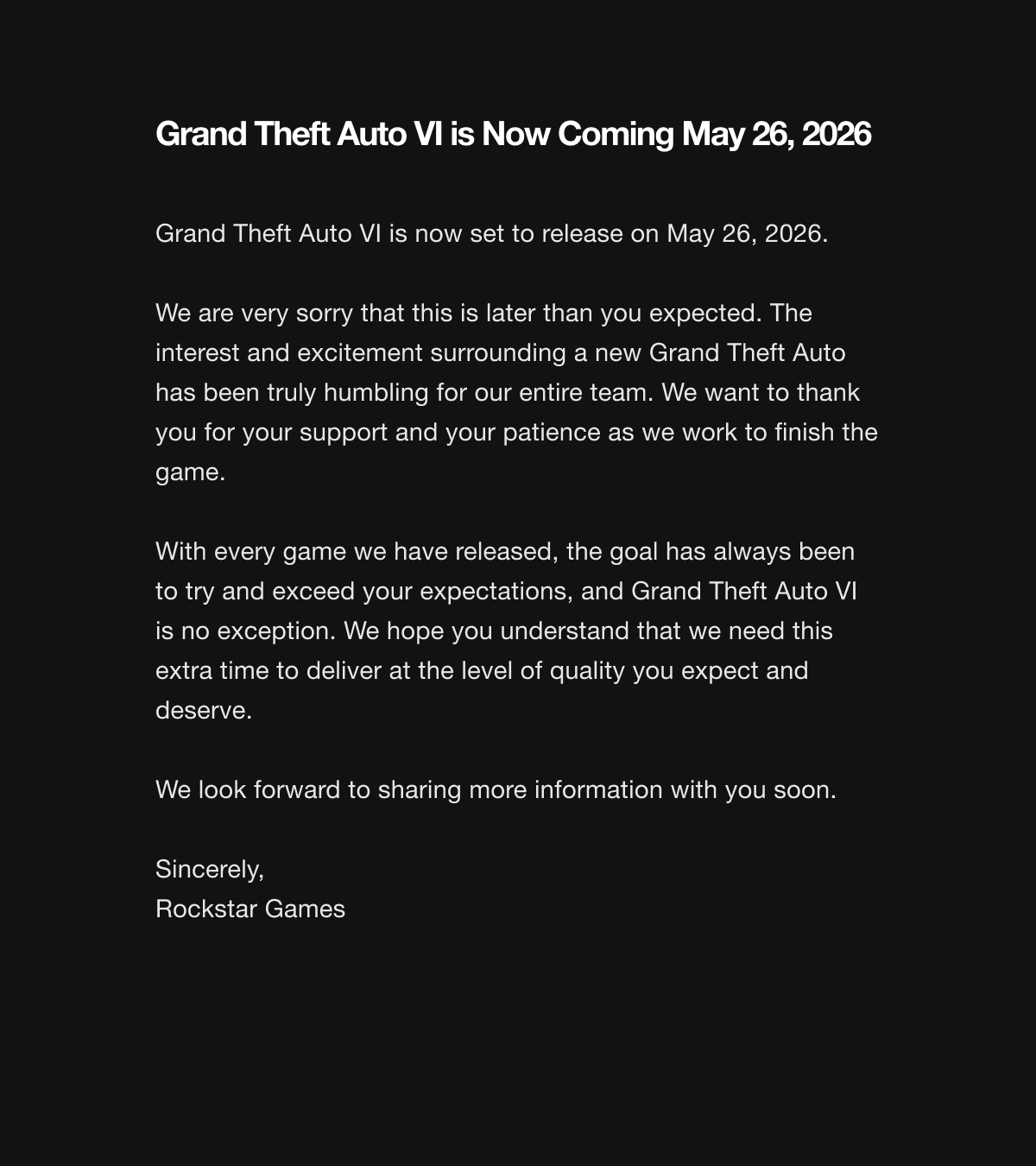 GTA 6 всё же перенесли на май 2026 года — о PC-версии ни слова - изображение 1 GTA 6 всё же перенесли на май 2026 года — о PC-версии ни слова - фото 1