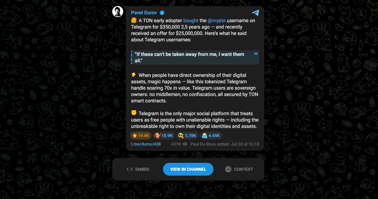 За никнейм пользователя Telegram @crypto предлагали 25 миллионов долларов - изображение 1 За никнейм пользователя Telegram @crypto предлагали 25 миллионов долларов - фото 1