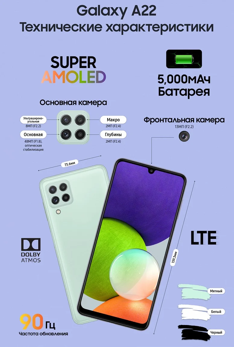 В России представили смартфон Samsung Galaxy A22 с экраном 90 Гц и батареей 5000 мАч - фото 1