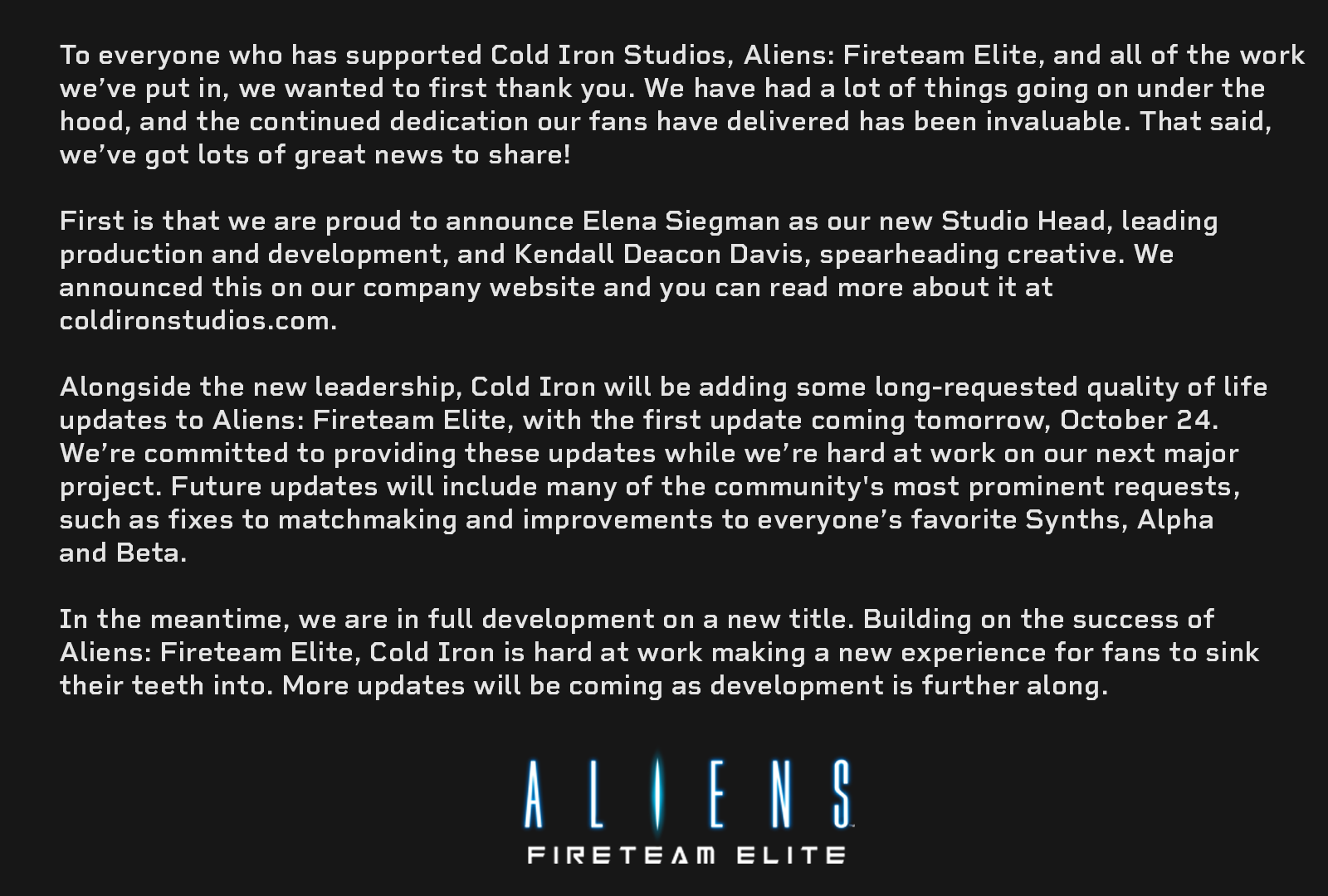 Авторы Aliens: Fireteam Elite объявили о грядущих улучшениях и новой игре - изображение 1 Авторы Aliens: Fireteam Elite объявили о грядущих улучшениях и новой игре - фото 1
