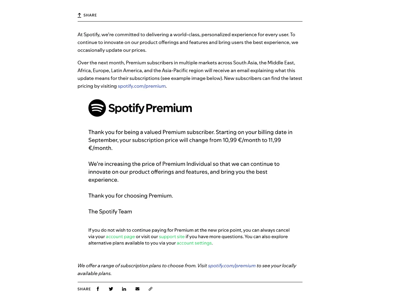 Акции Spotify упали на 11% — компания в ответ поднимет цены на подписку за пределами США - изображение 1 Акции Spotify упали на 11% — компания в ответ поднимет цены на подписку за пределами США - фото 1