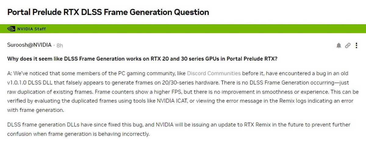 Nvidia опровергла работу DLSS 3 в Portal RTX на видеокартах 20 и 30 серий - фото 1