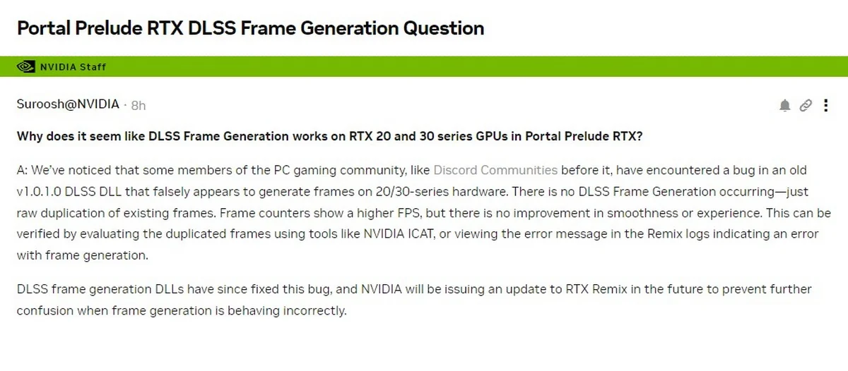 Nvidia опровергла работу DLSS 3 в Portal RTX на видеокартах 20 и 30 серий - фото 1