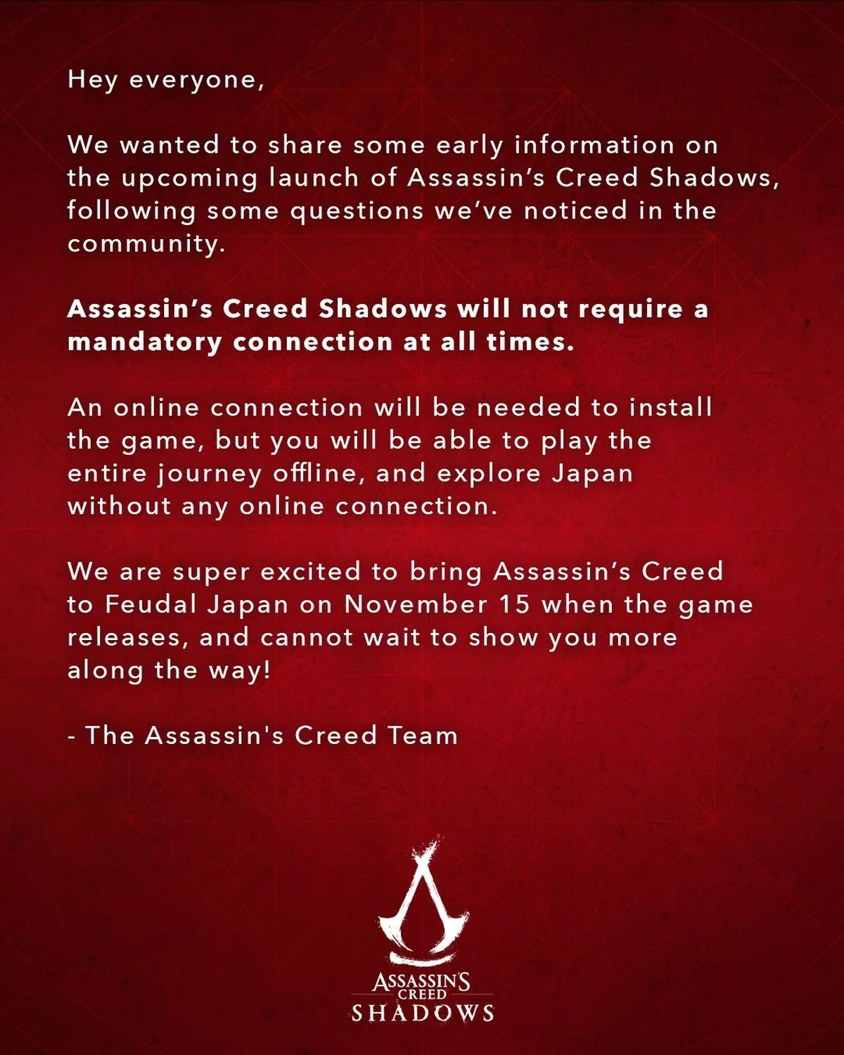 Assassins Creed Shadows всё же не потребует постоянного подключения к интернету - фото 1