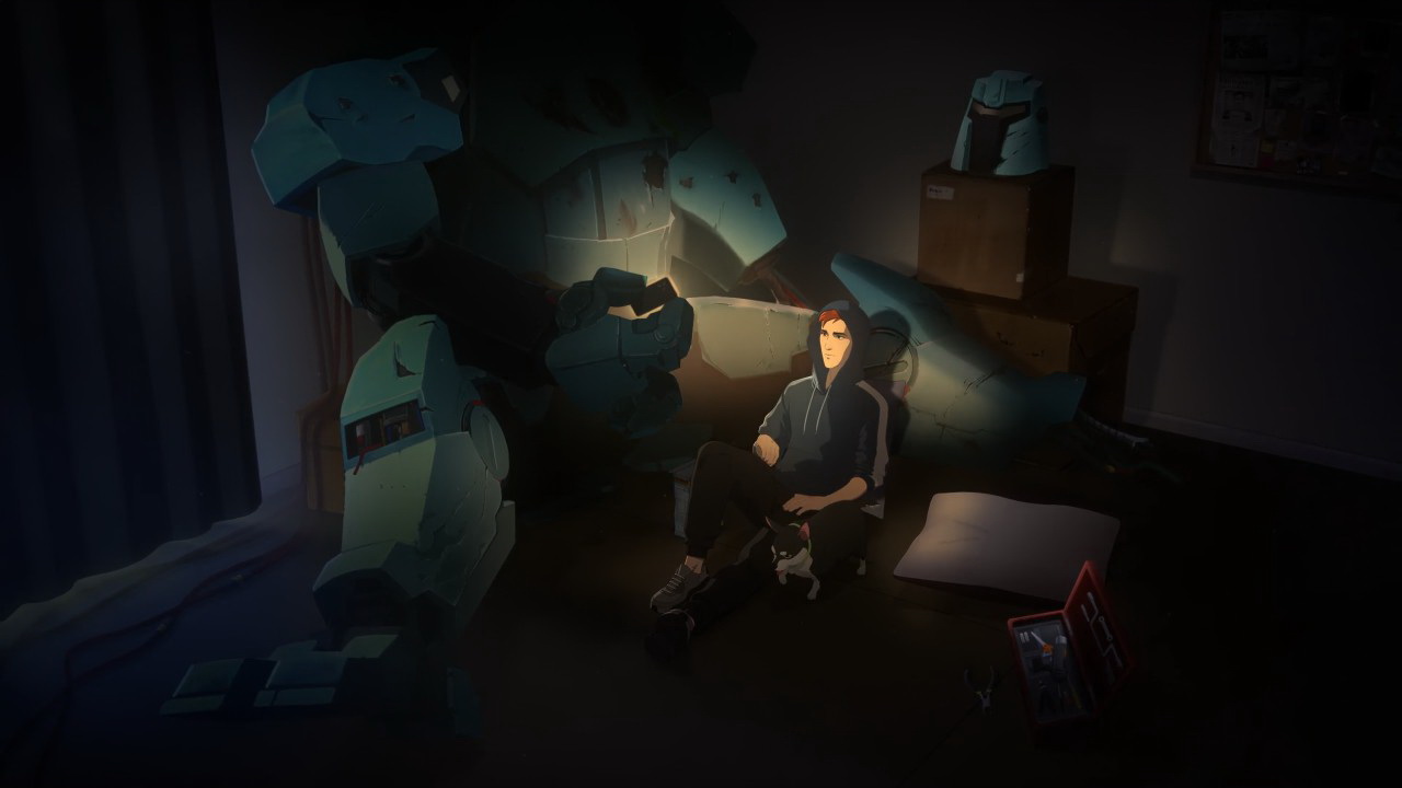 Живёт наш герой очень скромно. Однушка, раздолбанная супер-броня, да верный пёс — вот и всё, что у него есть.
Скриншот из игры Dispatch // AdHoc Studio