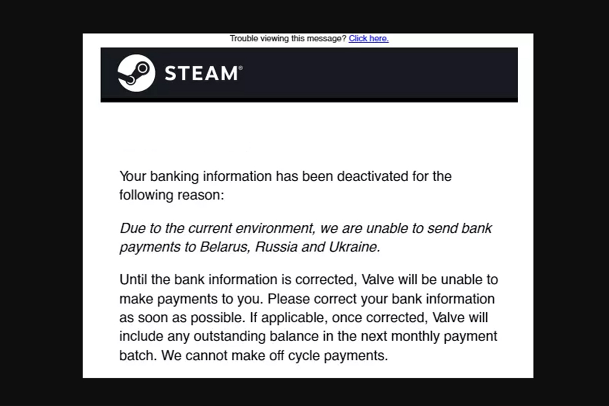 Изображение: Скриншот сообщения, разосланного Steam разработчикам из России, Украины и Беларуси