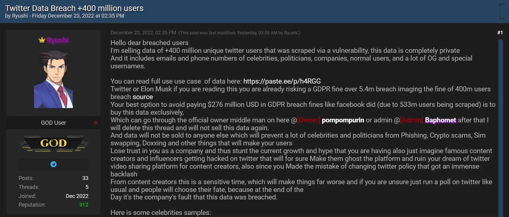 Хакер украл данные 400 млн аккаунтов Twitter и просит выкуп у Илона Маска - фото 1