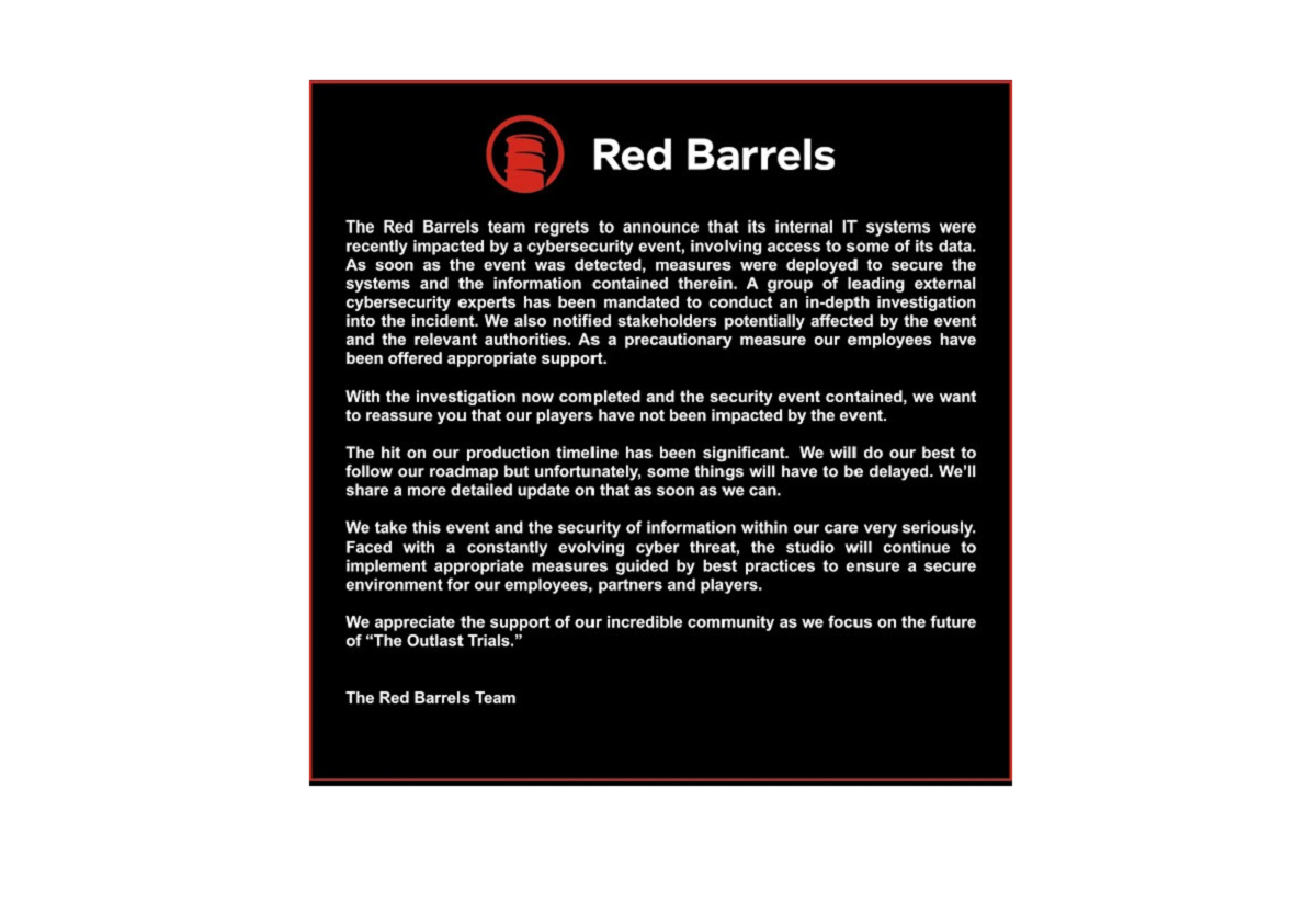 Создавшая Outlast студия Red Barrels стала жертвой кибератаки - изображение 1 Создавшая Outlast студия Red Barrels стала жертвой кибератаки - фото 1