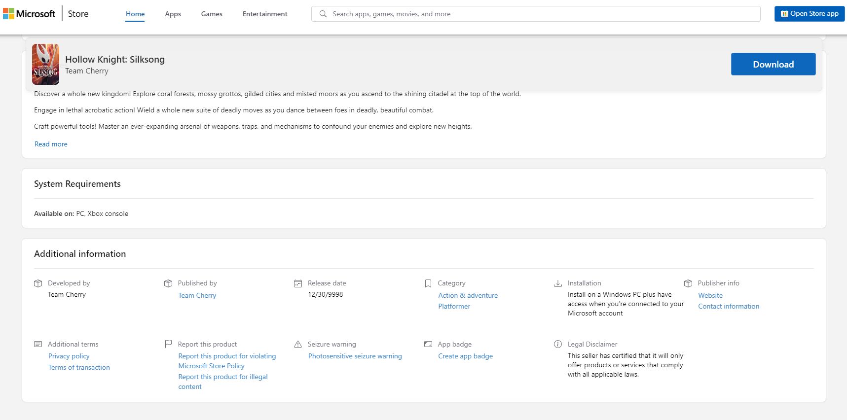 В Microsoft Store появилась очень странная дата релиза Hollow Knight: Silksong - изображение 1 В Microsoft Store появилась очень странная дата релиза Hollow Knight: Silksong - фото 1