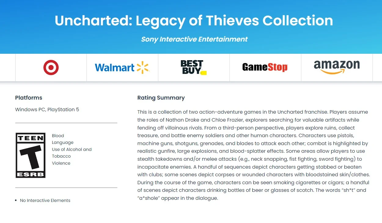 Uncharted: Legacy of Thieves Collection получила возрастной рейтинг «Teen» - фото 1