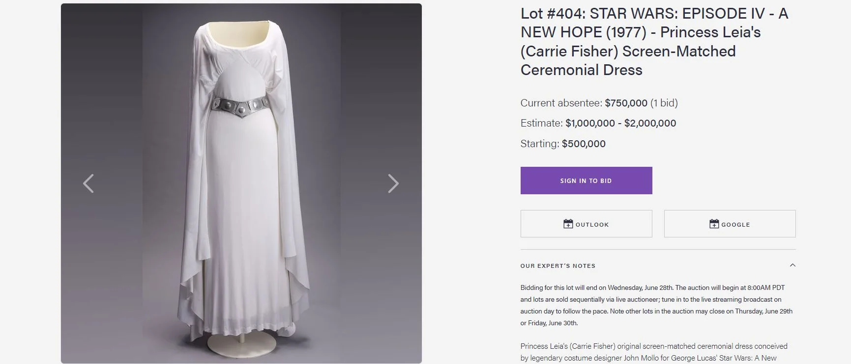 Платье Леи из «Звёздных войн» выставили на аукцион за полмиллиона долларов - фото 1