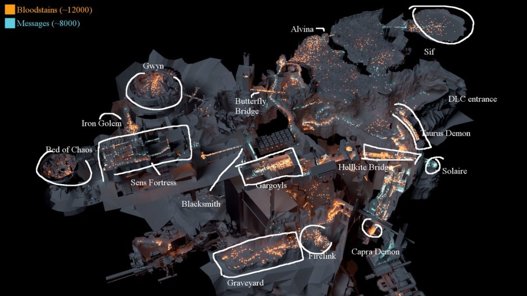 Галерея Пользователь Twitter создал карту Dark Souls, на которой показал, где игроки умирали чаще всего - 1 фото