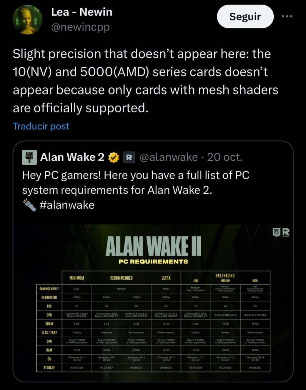Сеточные шейдеры стали причиной высоких системных требований Alan Wake 2 — фото 1