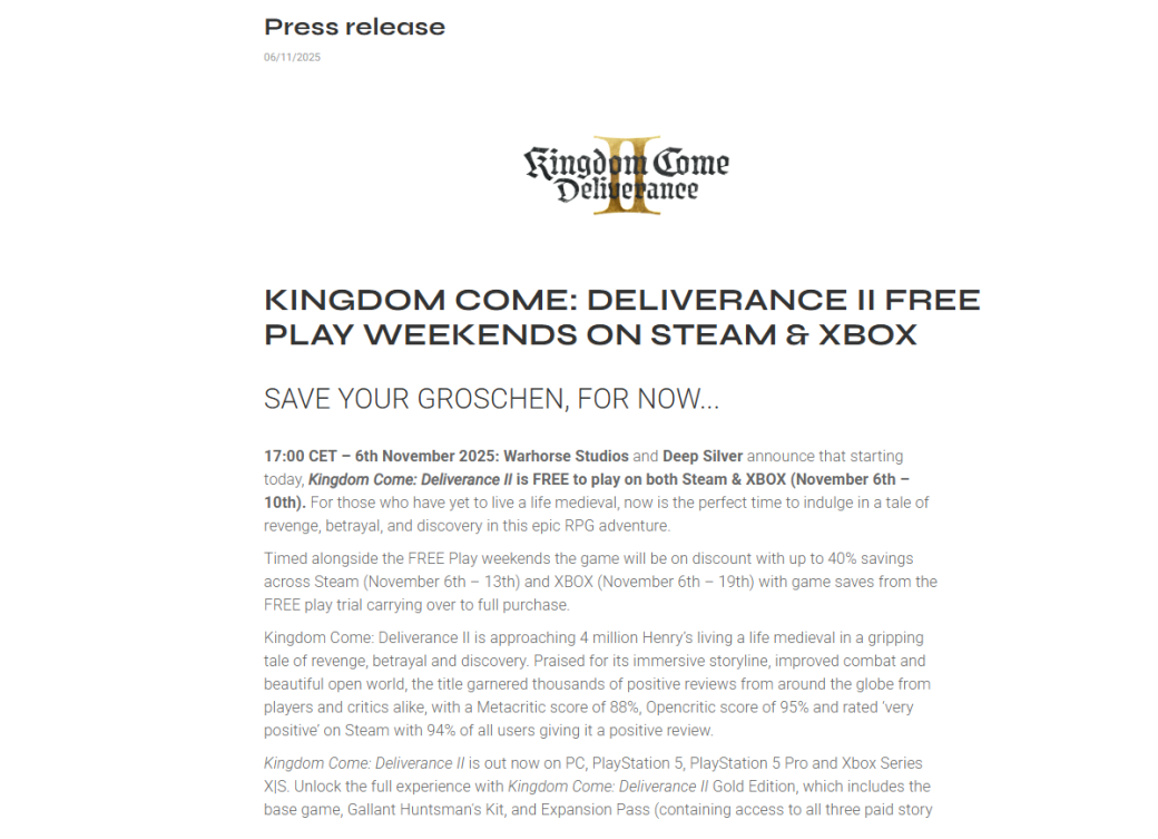 На PC и Xbox стартовали бесплатные выходные Kingdom Come: Deliverance 2 — фото 1
