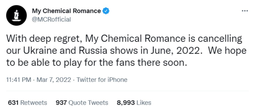 My Chemical Romance отменили ближайшие концерты в России и Украине — фото 1