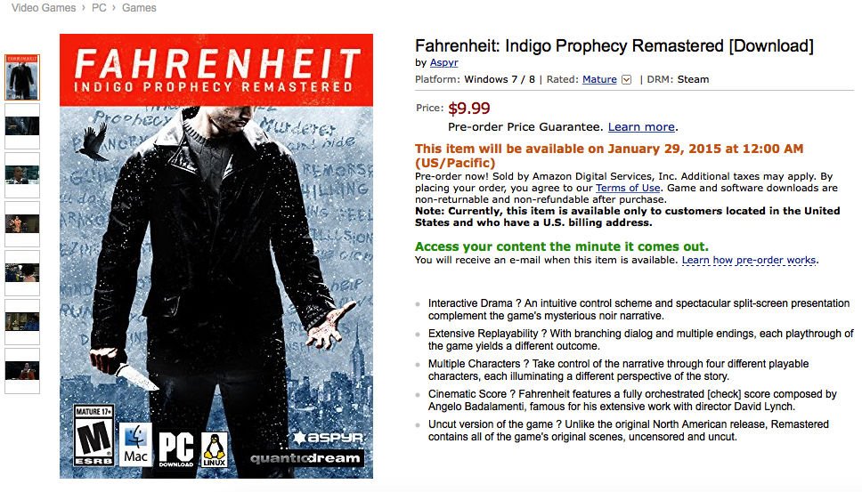 Fahrenheit: Indigo Prophecy Remastered — 29 января, $9.99, полная режиссерская версия — фото 1
