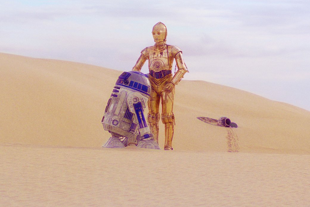 C-3PO и R2-D2 — культовый дуэт дроидов, появляющийся во всех основных фильмах «Звёздных войн» (кроме ленты про молодого Хана Соло). R2-D2 — астромеханик с уникальным интеллектом, часто спасающий героев, а C-3PO — протокольный дроид, знающий миллионы языков

Источник: LucasFilm