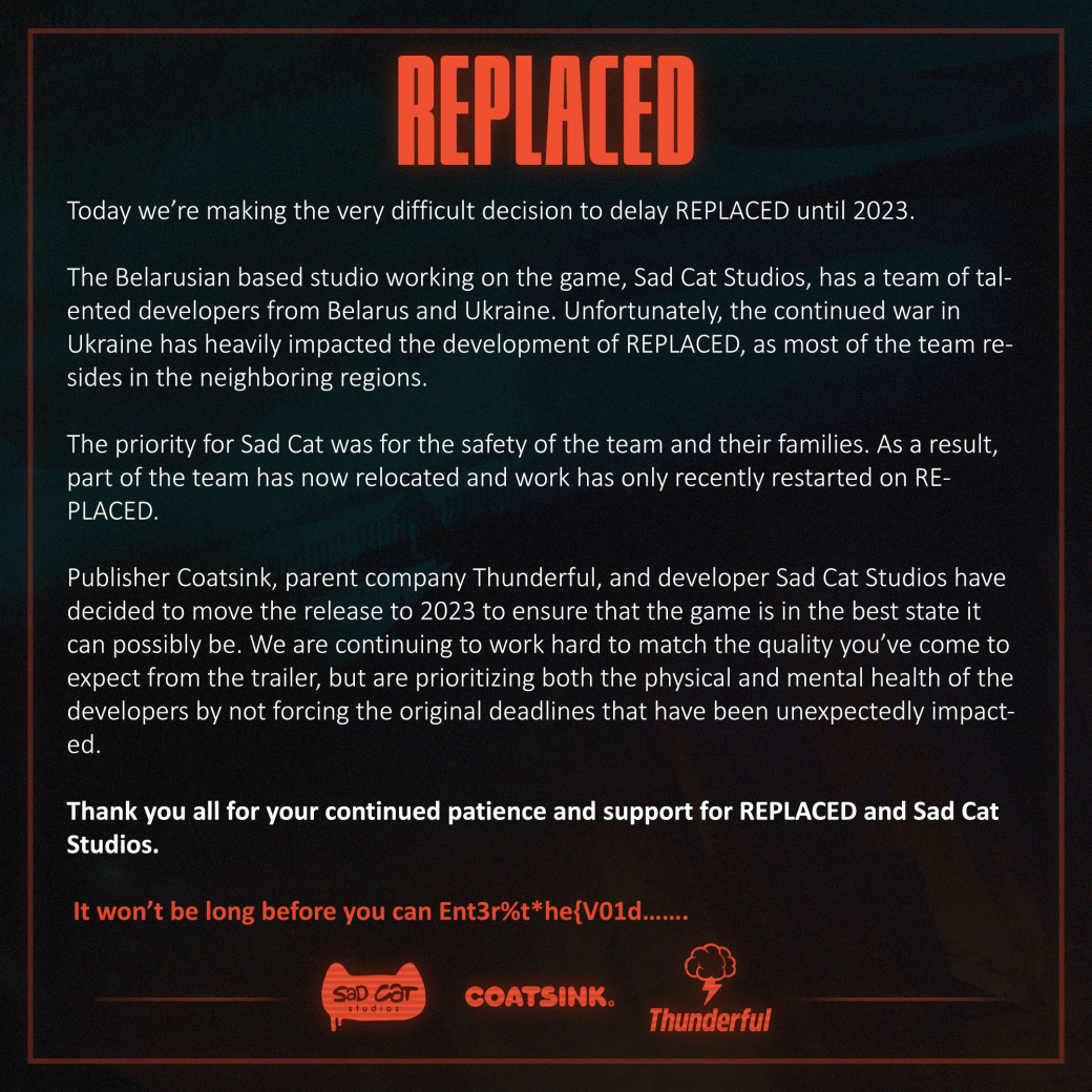 Белорусская студия Sad Cat отложила релиз экшена Replaced на 2023 год — фото 1