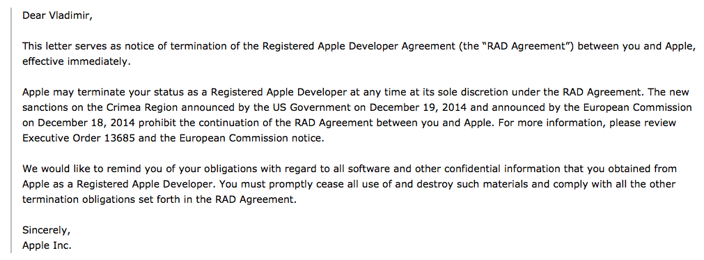 Apple блокирует аккаунты разработчиков из Крыма — фото 1