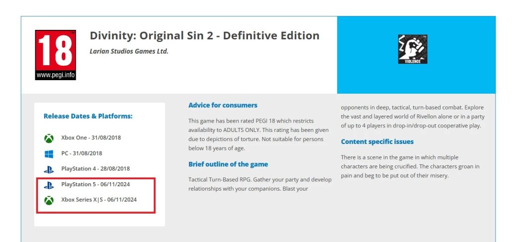 PEGI выдал рейтинг Divinity: Original Sin 2 — Definitive Edition для PS5 и Xbox Series — фото 1