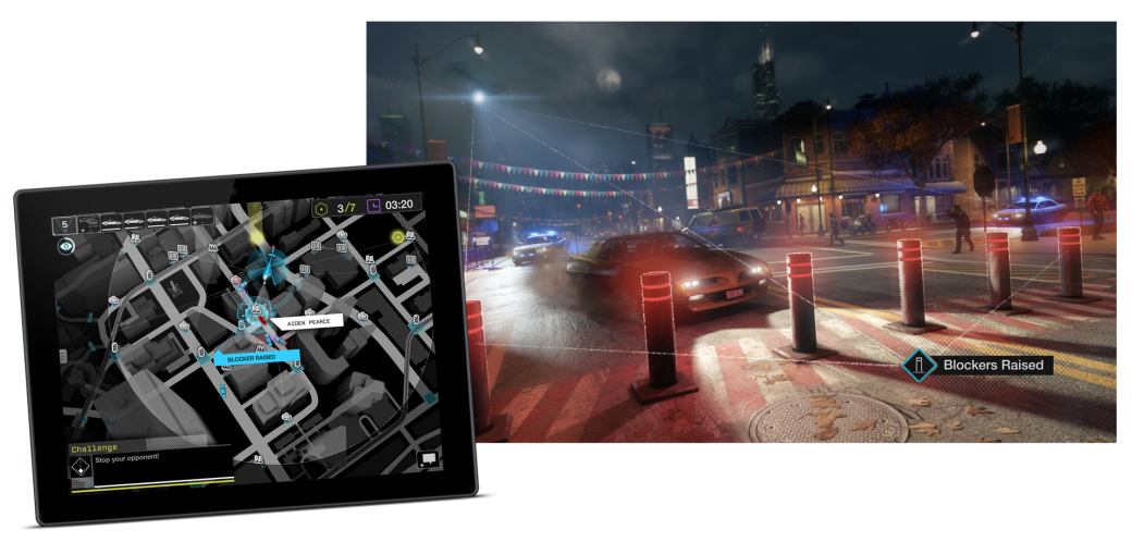 Если установить на смартфон приложение ctOS ([iOS](https://itunes.apple.com/app/watch-dogs-companion-ctos/id714196271?l=fr&amp;mt=8), [Android](https://play.google.com/store/apps/details?id=com.ubisoft.watchdogs.ctos)), можно открыть дополнительный режим в игре. Человеку за большой платформой нужно пробраться в определенную точку в городе, а игроку за планшетом — помешать ему, расставляя на карте ловушки