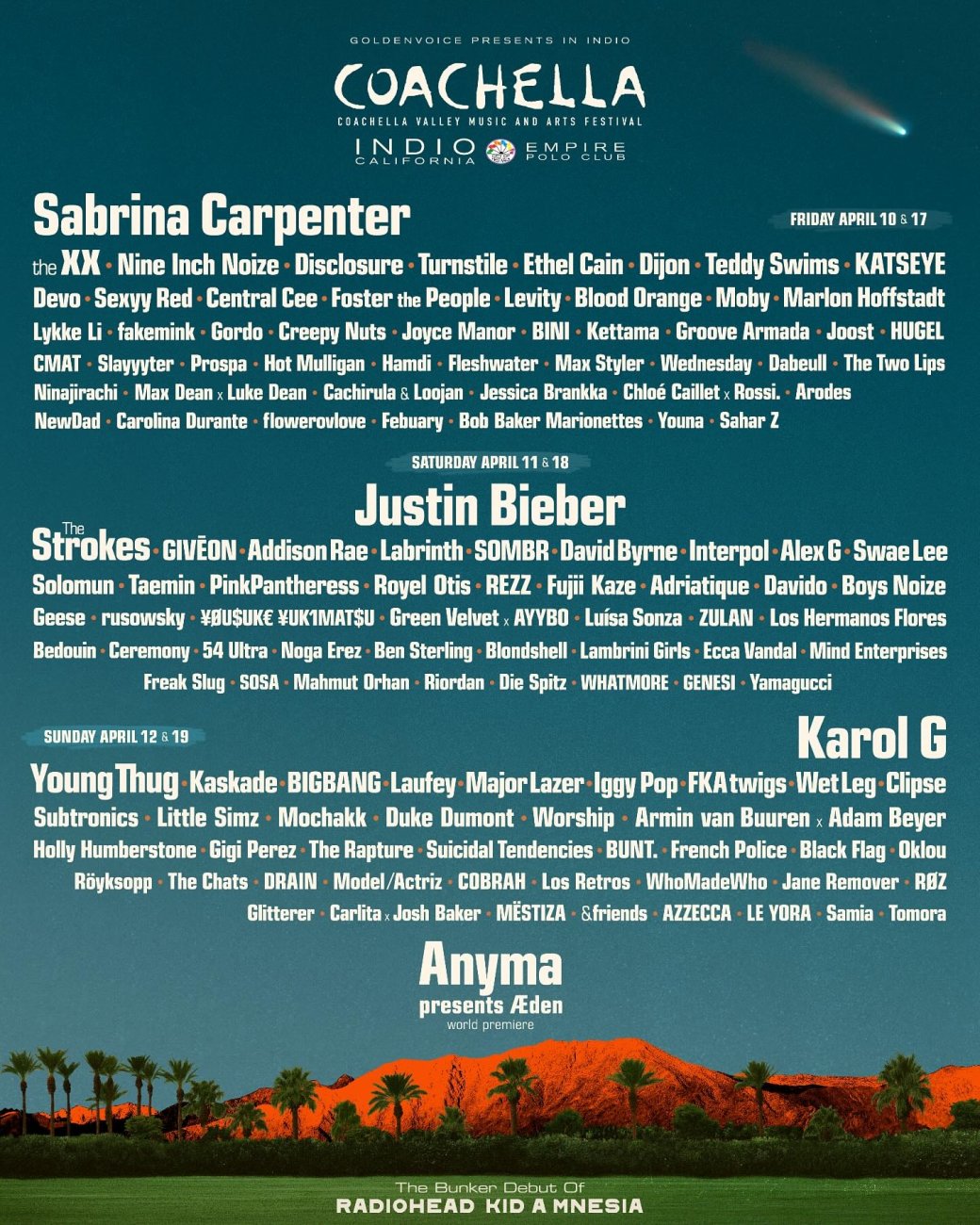 Сабрина Карпентер и Джастин Бибер станут хедлайнерами фестиваля Coachella в следующем году — фото 1