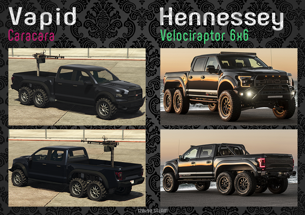 А это необычный пикап [Hennessey Velociraptor 6×6](https://ru.motor1.com/news/274187/hennessey-ustanovil-dvigatel-v8-v-pikap-raptor/), который делают ограниченным тиражом в реальности. В игре — никаких лимитов не существует.